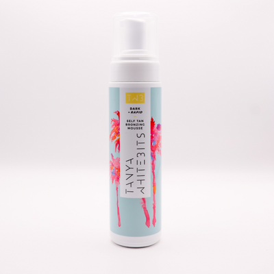 Tanya Whitebits Self Tan Bronzing Mousse 200ml bottle with pump, creamy texture, and tan color visible in a sleek packaging.