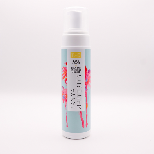 Tanya Whitebits Self Tan Bronzing Mousse 200ml bottle with pump, creamy texture, and tan color visible in a sleek packaging.