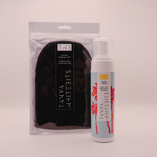 Tan & Plan Bundle by Tanya Whitebits showing a collection of skincare products in tan packaging arranged on a white background